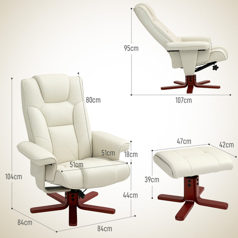 Reclining Chair and Footstool Set for Relaxing at Home with Padded Faux Leather Cream White