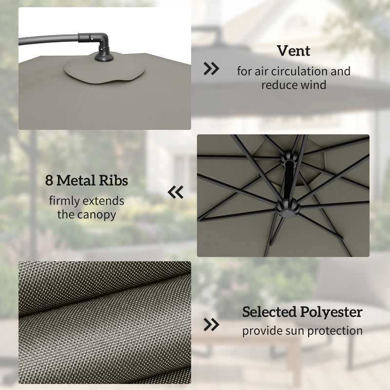 Cantilever Garden Parasol with Overhanging Shade and Crank Handle, Light Grey