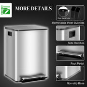Kitchen Pedal Bin with Dual 20L Compartments for Easy Rubbish and Recycling Silver Tone AOSOM