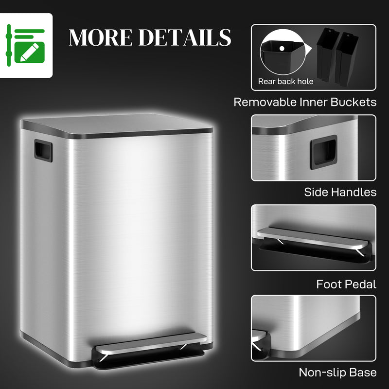 Kitchen Pedal Bin with Dual 20L Compartments for Easy Rubbish and Recycling Silver Tone AOSOM