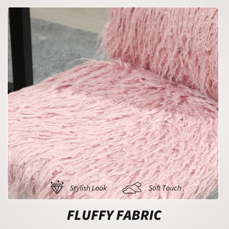 Plush Armless Swivel Office Chair with Adjustable Height for Home or Vanity Use, Pink