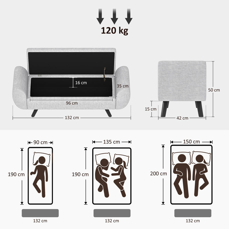 Light Grey Upholstered Storage Ottoman Bench with Armrest and Wooden Legs by HOMCOM