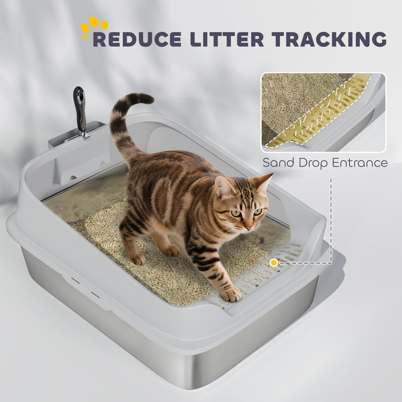 XXL Stainless Steel Cat Litter Box with High Sides and Scoop for Easy Cleaning, Silver