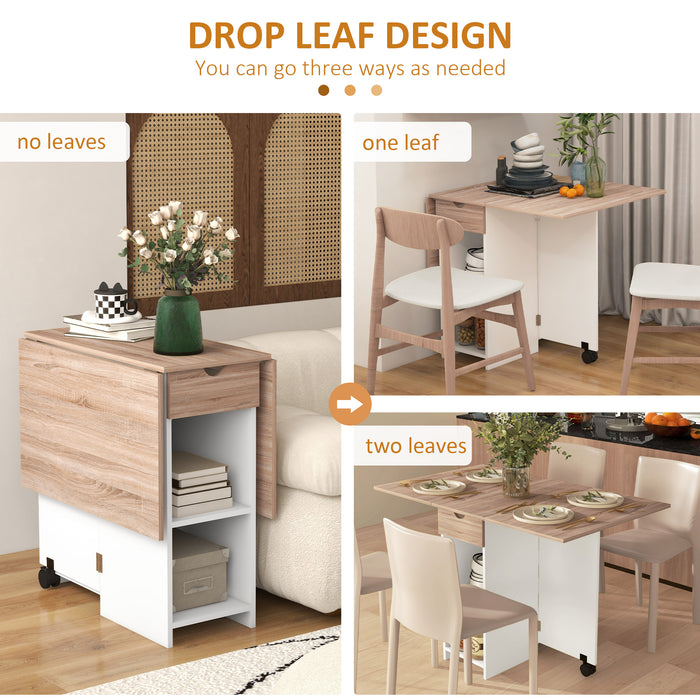 Folding Drop Leaf Dining Table with Drawer and Storage Shelves for Small Spaces Oak by HOMCOM