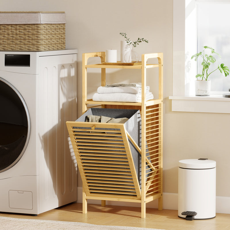 Bamboo Laundry Cabinet With Tilt Out Hamper Removable Liner Ideal For Bathrooms, Natural Wood
