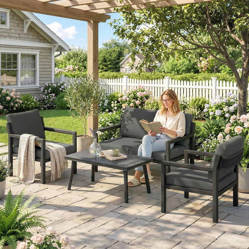 4 Piece Rattan Garden Furniture Set with Loveseat, Armchairs and Coffee Table — Beige or Dark Grey Outsunny