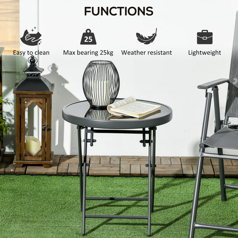 Black Round Folding Garden Table With Marble Effect Glass Top For Patio Or Balcony