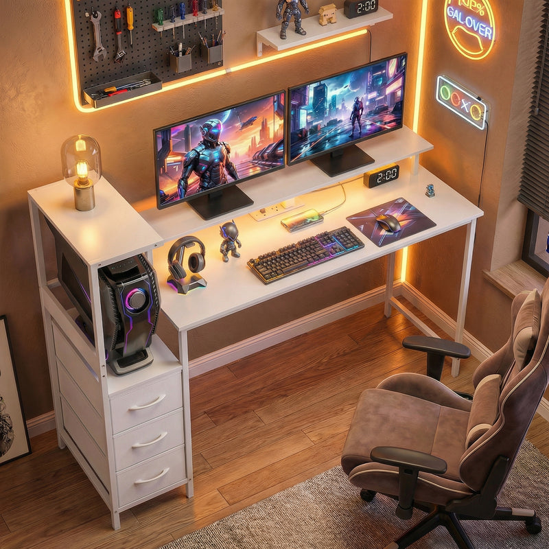 Computer Desk with Monitor Stand and Built-In Charging Hub for Home Office or Gaming White AOSOM