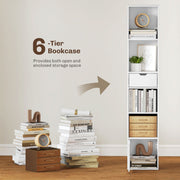 Tall 6 Tier Narrow Bookcase With Drawer and Storage Cabinet for Home Office White AOSOM