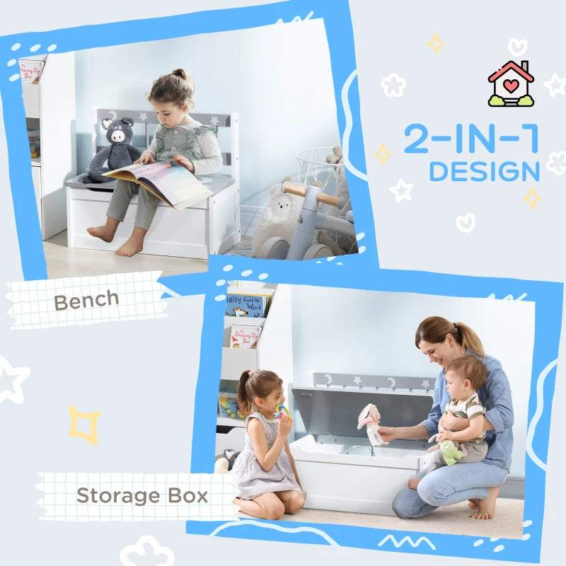 2-IN-1 Wooden Toy Box: Grey, Star & Moon, Safety Rod