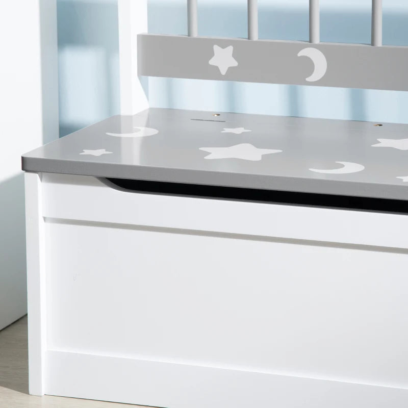 2-IN-1 Wooden Toy Box: Grey, Star & Moon, Safety Rod