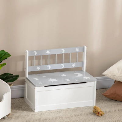 2-IN-1 Wooden Toy Box: Grey, Star & Moon, Safety Rod Zonekiz