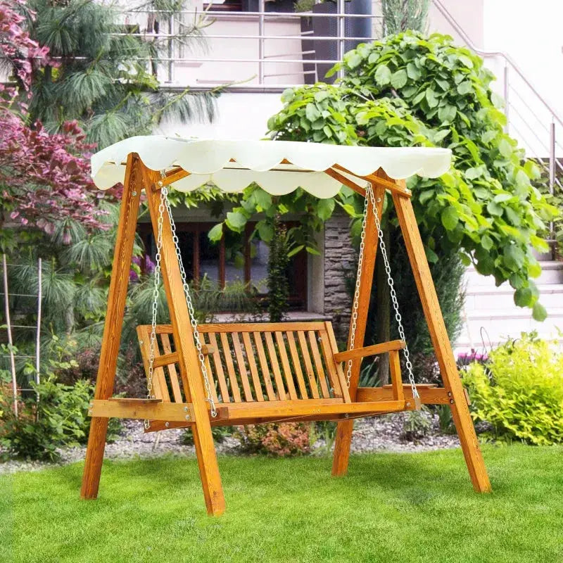2 Seater Wooden Garden Swing Chair, Cream White Outsunny