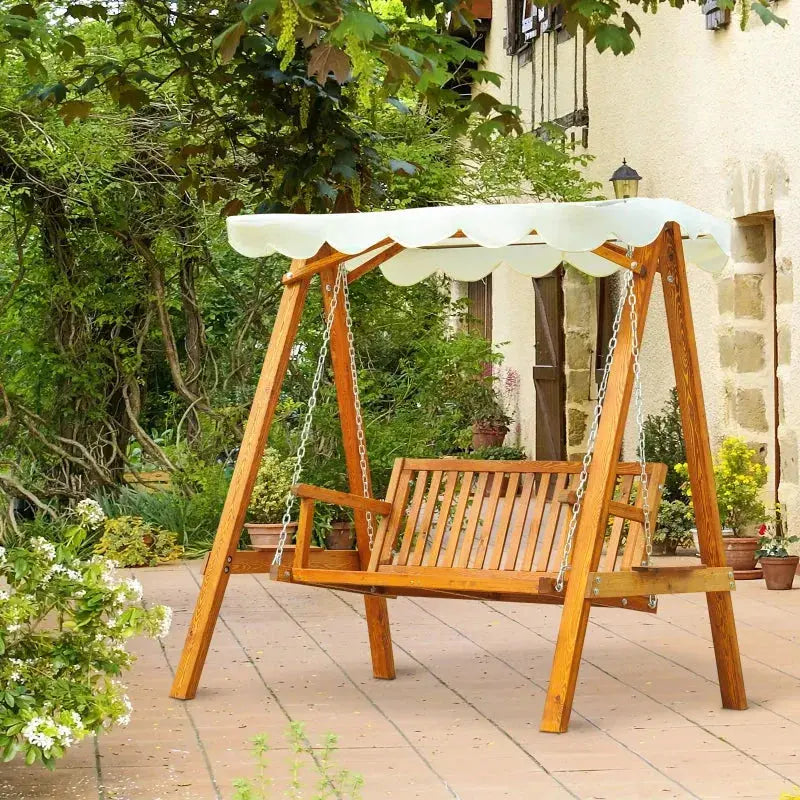 2 Seater Wooden Garden Swing Chair, Cream White Outsunny
