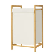 Cream white 2-compartment laundry sorter on a natural bamboo frame