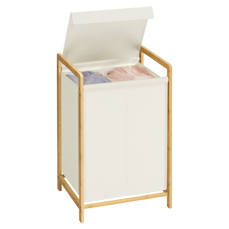 The sorter with its lid open showing laundry separated into 2 compartments