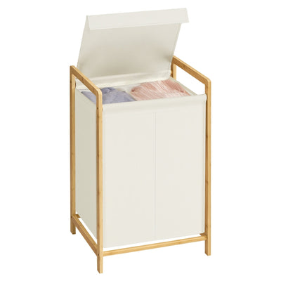 The sorter with its lid open showing laundry separated into 2 compartments