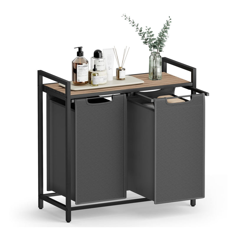 Camel brown and grey 2 compartment laundry sorter with MDF top shelf and 2 grey pull-out bags