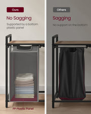 Comparison showing the plastic base panel that stops the laundry bags sagging under weight