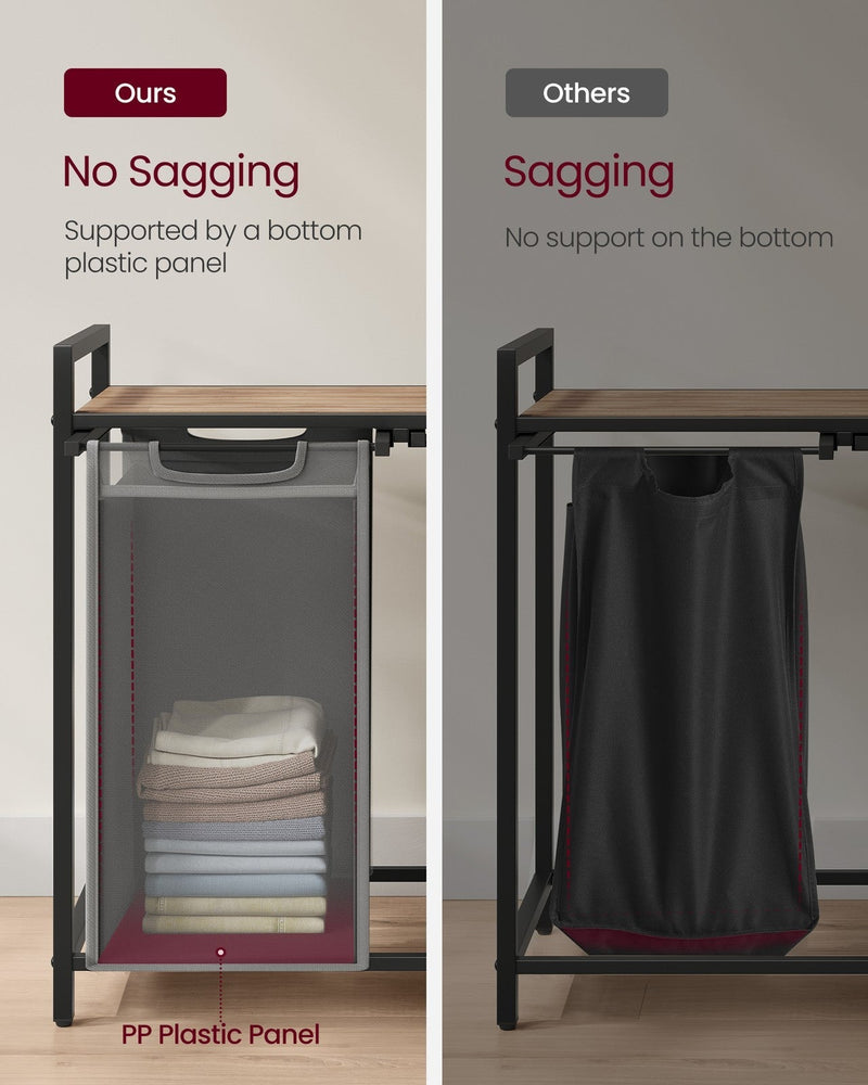 Comparison showing the plastic base panel that stops the laundry bags sagging under weight