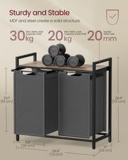 Dimension diagram of the laundry sorter measuring 73 x 33 x 72 cm with 30 kg total load capacity
