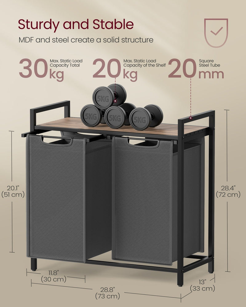 Dimension diagram of the laundry sorter measuring 73 x 33 x 72 cm with 30 kg total load capacity