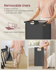 Woman pulling a removable grey laundry bag out of the sorter frame
