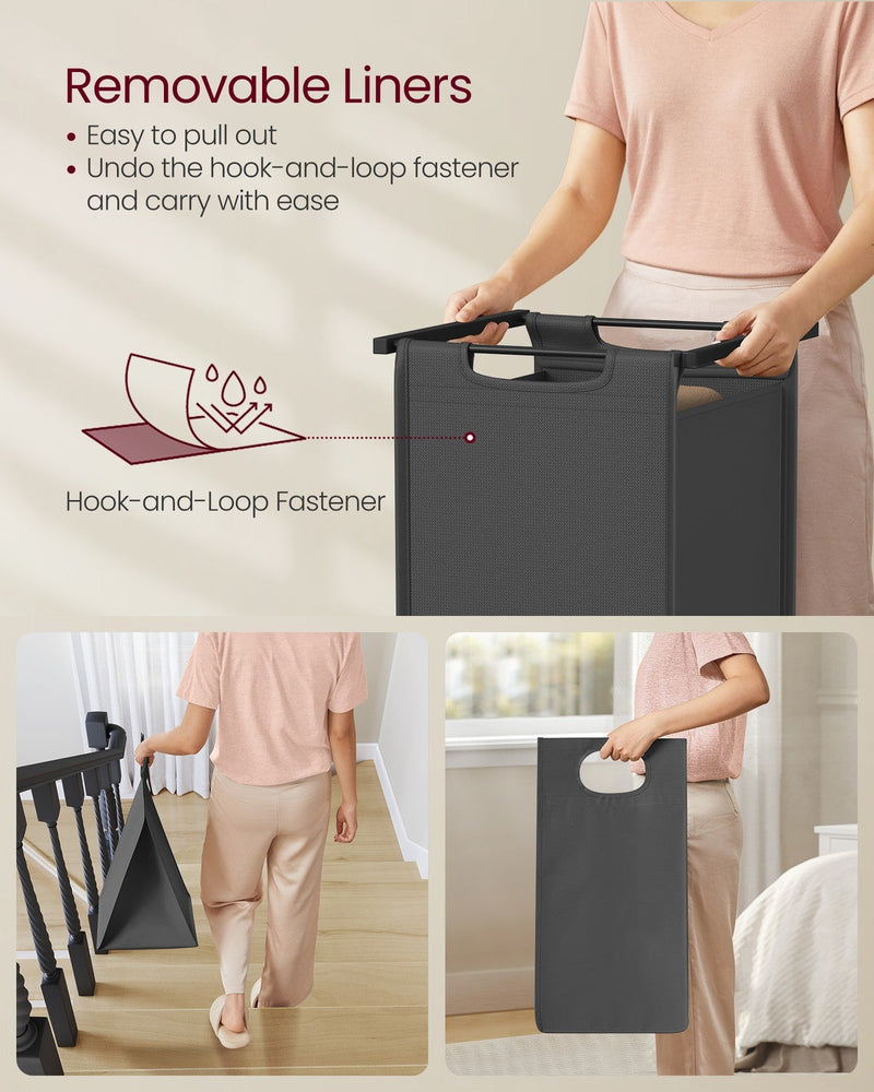 Woman pulling a removable grey laundry bag out of the sorter frame