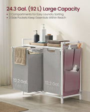 Both 46 litre bags shown pulled open with side pockets holding toiletries