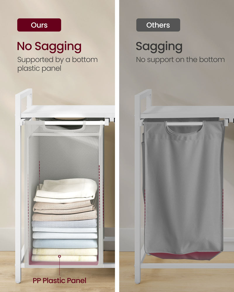 Comparison showing the plastic base panel preventing the bag from sagging