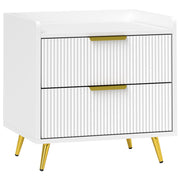 Front three-quarter studio view of the 2 drawer bedside table with fluted drawers, gold handles and gold metal legs