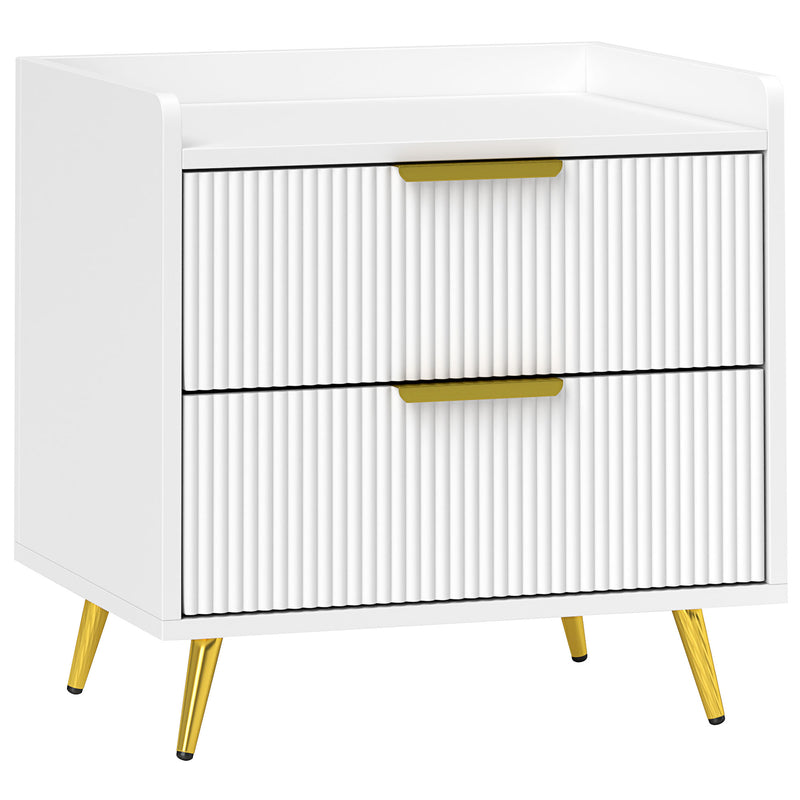 Front three-quarter studio view of the 2 drawer bedside table with fluted drawers, gold handles and gold metal legs