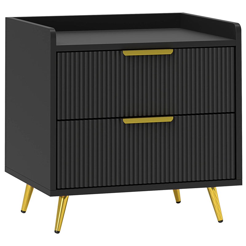 Studio view of the 2 drawer bedside table with fluted drawers and gold metal legs