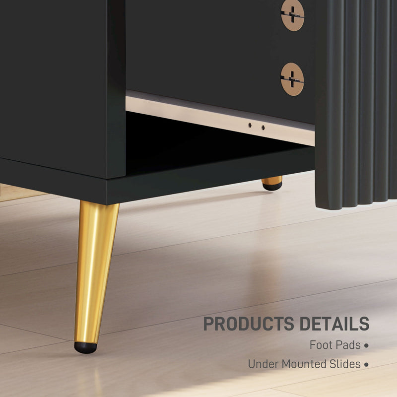 Close-up of the tapered metal leg, foot pad and under-mounted drawer slides