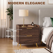 Labelled close-up of fluted drawer panels and finger pulls beside a bed
