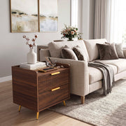 Bedside table doubling as a sofa side table in a living room with framed art