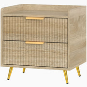 Studio front view showing the fluted drawer fronts, raised top edge and splayed legs