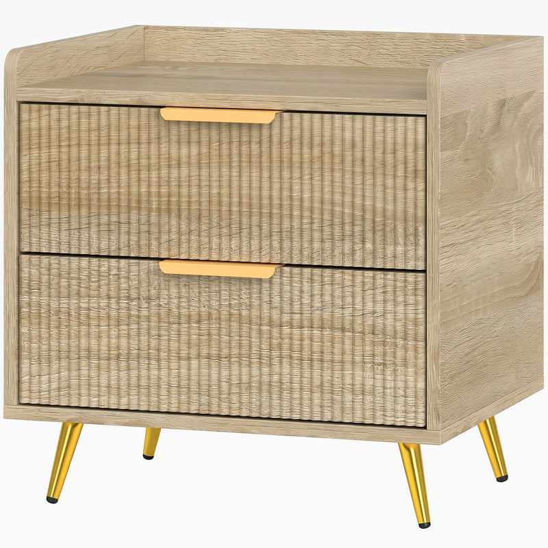Studio front view showing the fluted drawer fronts, raised top edge and splayed legs