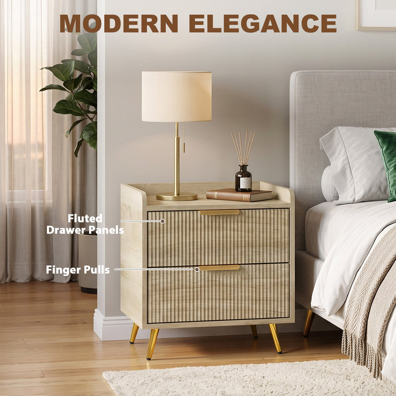 Annotated view of the fluted panels and finger pulls next to a bed with a lamp