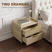 Open drawers revealing storage next to an upholstered bed and a lily in a vase