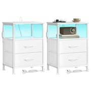Two cloud white bedside tables with two fabric drawers each and pale blue LED lit shelves