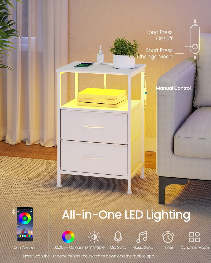 Cloud white bedside table lit yellow, with the manual long press and short press control switch labelled