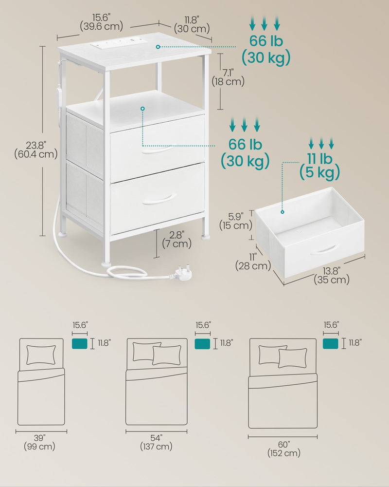 Dimensions diagram of the cloud white bedside table showing 39.6 cm width, 30 cm depth and 60.4 cm height