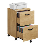Straw yellow Vasagle 2-drawer filing cabinet with files and a printer on top