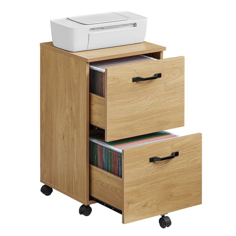 Straw yellow Vasagle 2-drawer filing cabinet with files and a printer on top