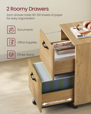 Drawer pulled out on full-extension runners holding upright documents