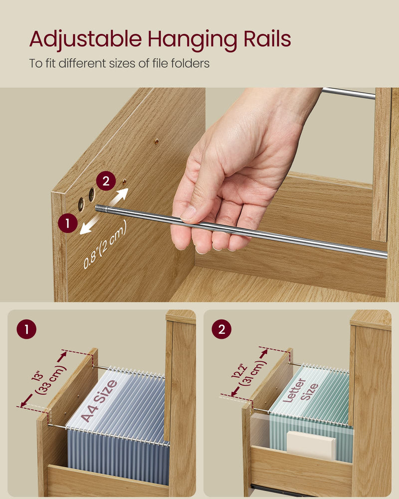 Hand adjusting the hanging file rail inside the drawer