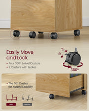Close-up of the castors under the filing cabinet on a wooden floor