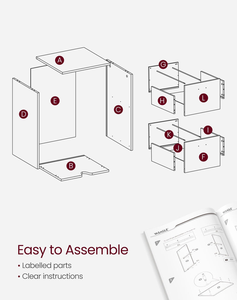 Exploded assembly diagram showing the labelled cabinet parts