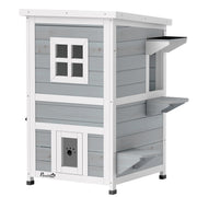PawHut 2-floor grey outdoor cat house with a window, jump platforms and openable roof, studio shot